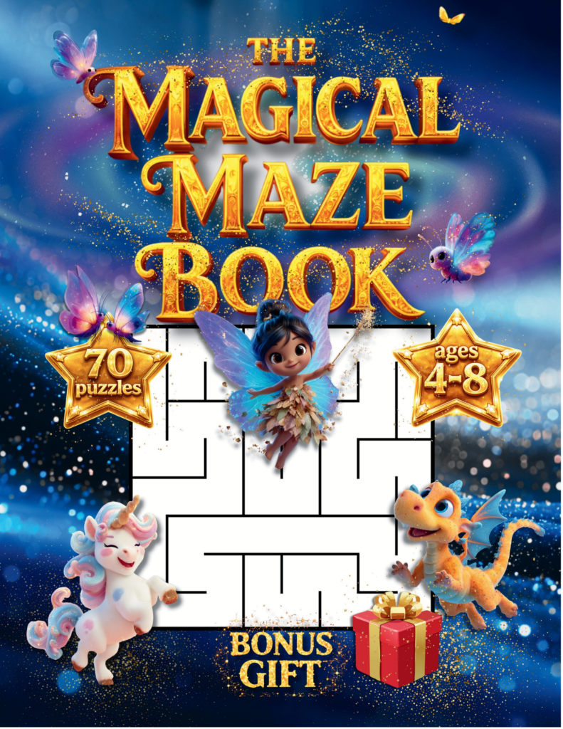 The Magical Maze Book cover - 70 Fantasy Puzzles for Kids. 