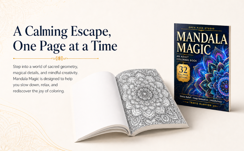 Mandala Magic adult coloring book preview showing an open mandala coloring page and book cover.