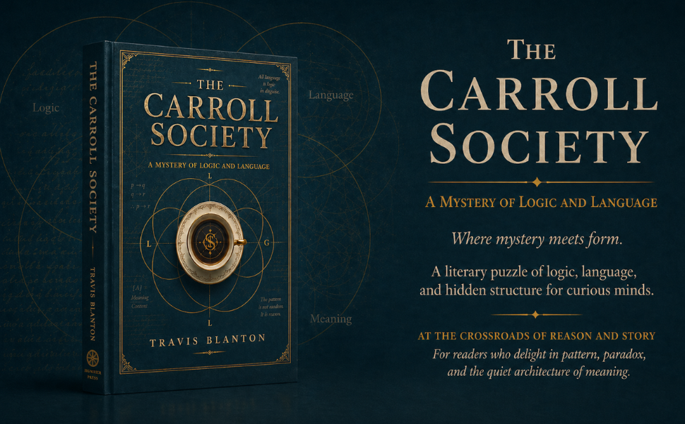 The Carroll Society Mystery Book Banner The Carroll Society mystery book banner with cover, logic, language, and hidden pattern themes.