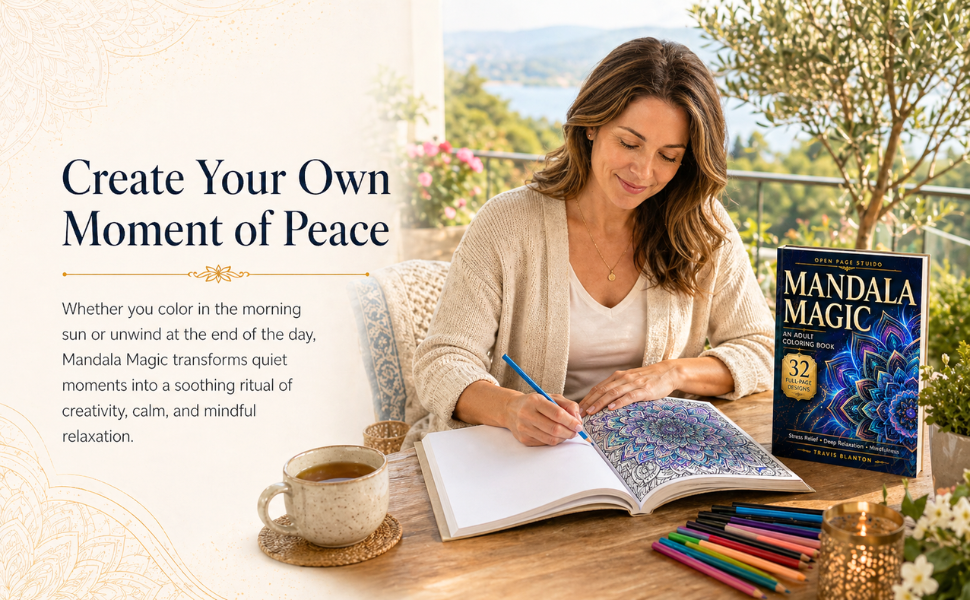 Woman coloring in Mandala Magic adult coloring book for relaxation and creative mindfulness.
