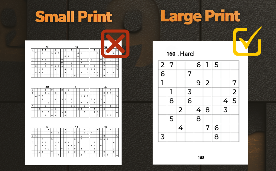 Small Print vs Large Print Sudoku Large print Sudoku book comparison showing easier-to-read Sudoku grids than small print pages.