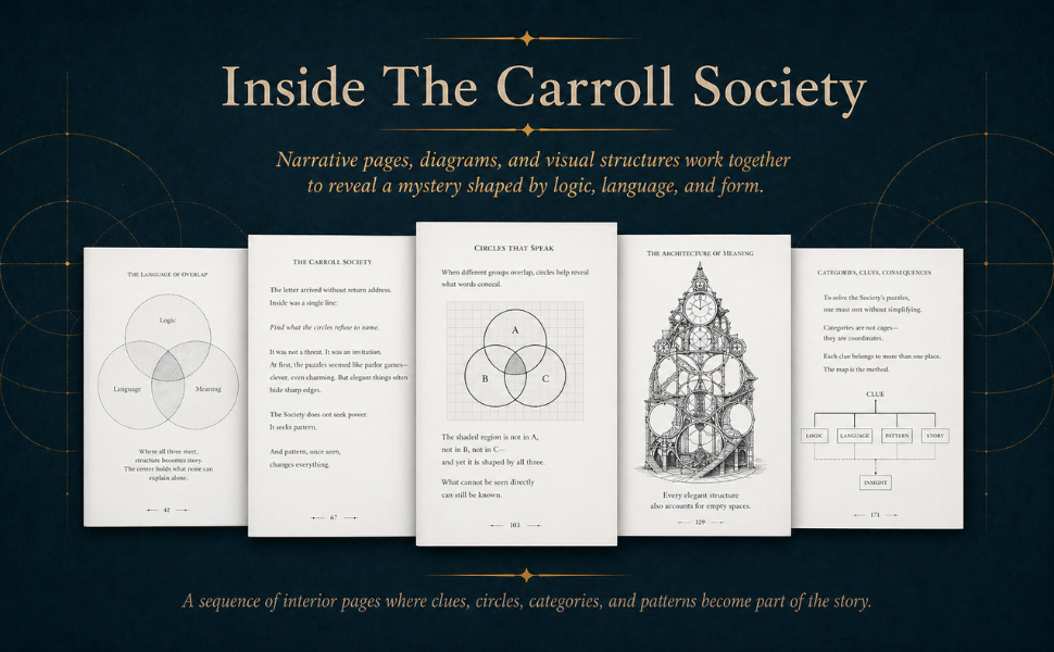 Inside The Carroll Society Interior preview of The Carroll Society showing sample pages, diagrams, logic puzzles, and story elements.