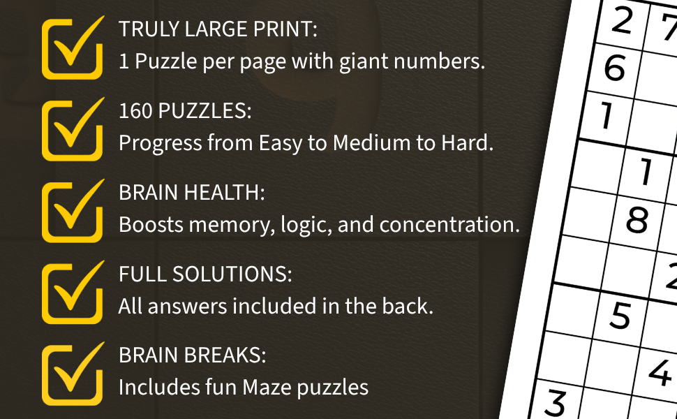 160 Sudoku Large Print Features Features of the 160 Sudoku Large Print book, including one puzzle per page, easy to hard levels, full solutions, and bonus maze puzzles.