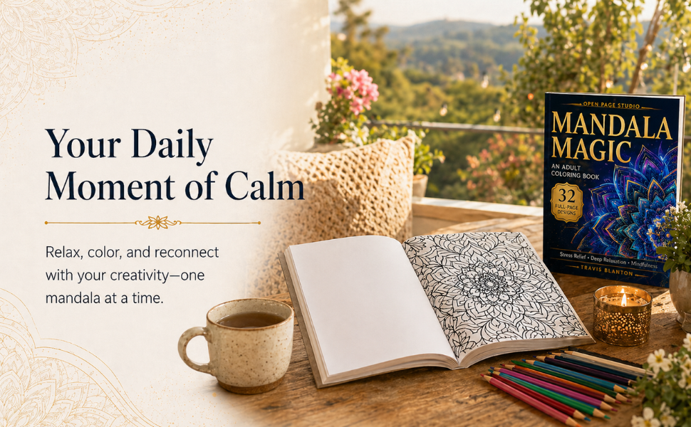Mandala Magic coloring book with pencils and an open mandala page for a relaxing creative moment.