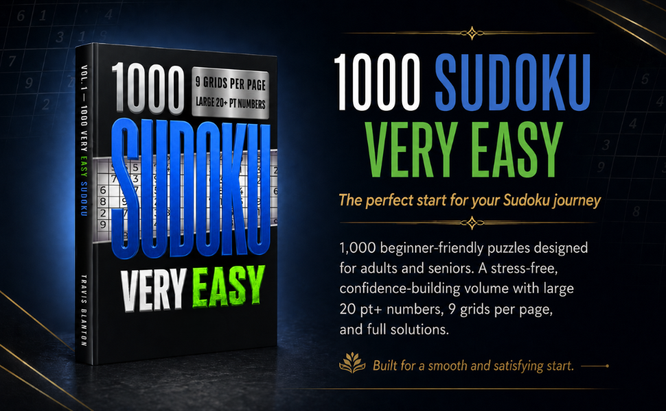 1000 Sudoku Very Easy book by Open Page Studio with 1,000 beginner-friendly Sudoku puzzles.