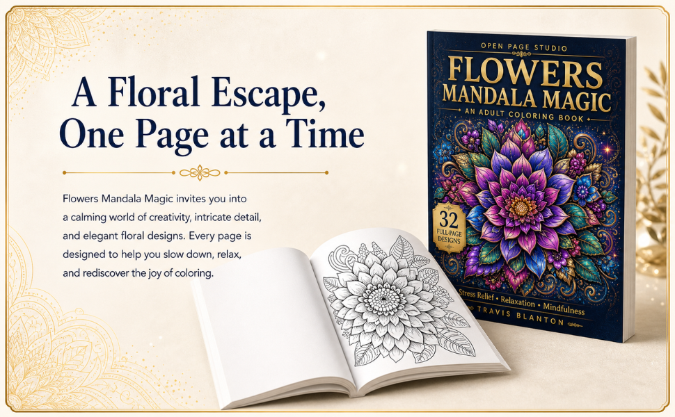 Flowers Mandala Magic coloring book preview showing an open floral mandala page and book cover.