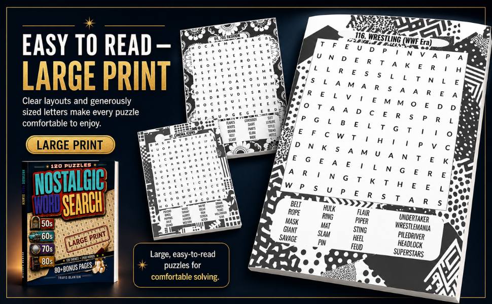 Interior preview of Nostalgic Word Search showing easy-to-read large print word search puzzles.