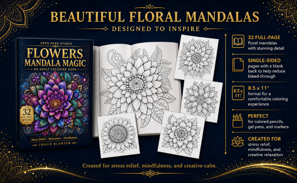 Interior preview of Flowers Mandala Magic showing detailed floral mandala artwork for adult coloring.