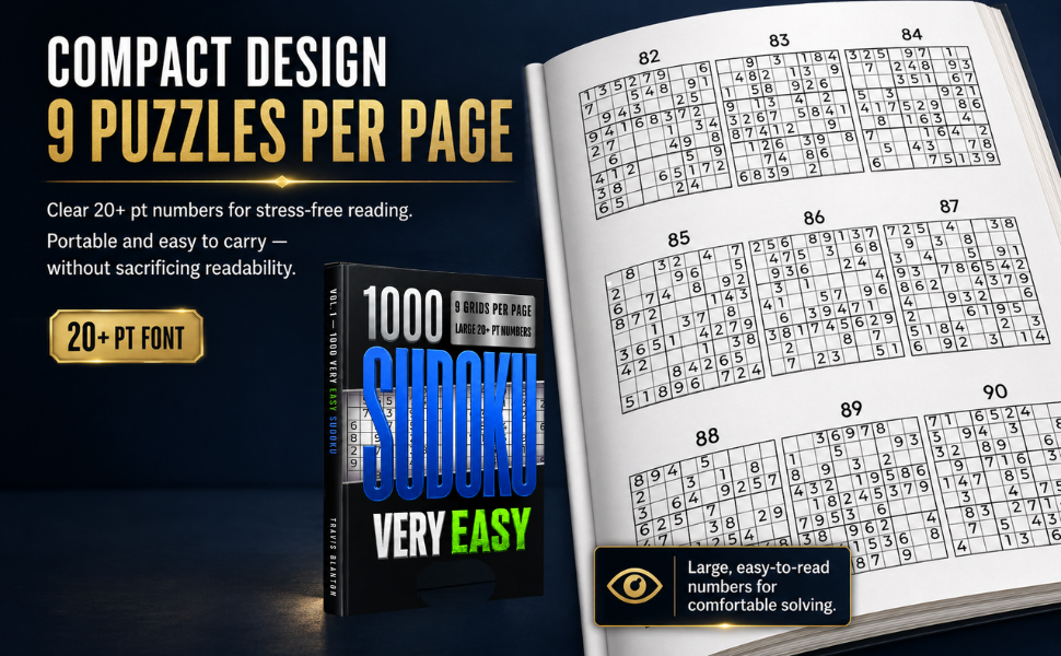 Interior preview of 1000 Sudoku Very Easy showing a compact 9-per-page Sudoku layout with 20-point numbers.