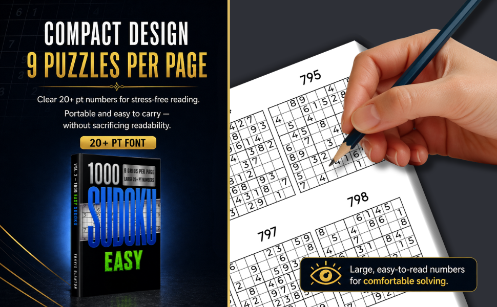 Interior preview of 1000 Sudoku Easy showing a compact 9-per-page Sudoku layout with 20-point numbers.
