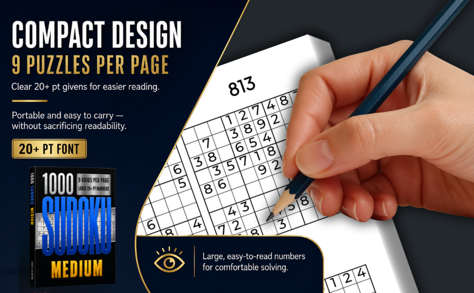 Interior preview of 1000 Sudoku Medium showing a compact 9-per-page Sudoku layout with 20-point numbers.