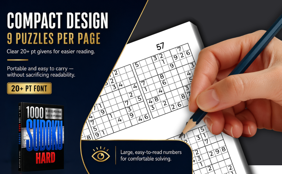 1000 Sudoku Hard Interior Preview Interior preview of 1000 Sudoku Hard showing a compact 9-per-page Sudoku layout with 20-point numbers.