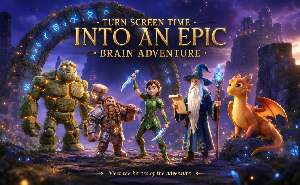 Sudoku Quest fantasy brain adventure banner with dragon, heroes, and magical Sudoku world for kids.