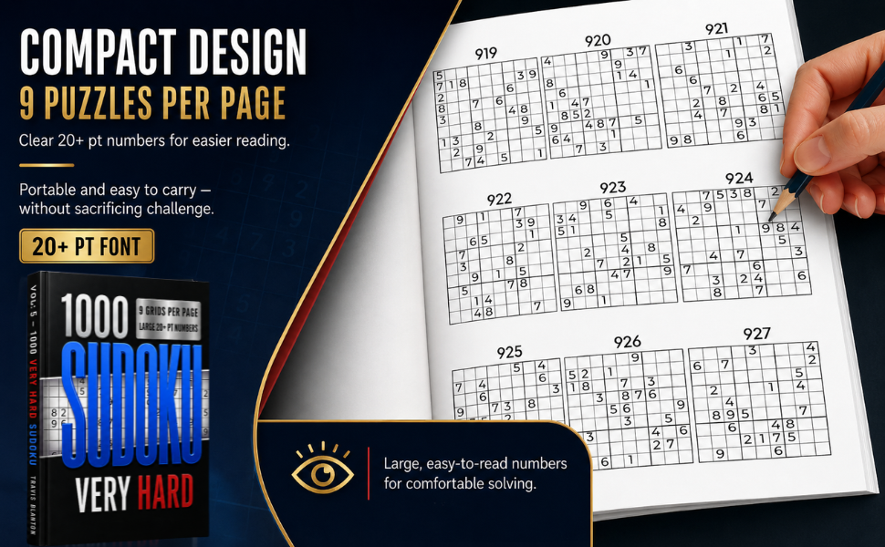 Interior preview of 1000 Sudoku Very Hard showing a compact 9-per-page Sudoku layout with 20-point numbers.