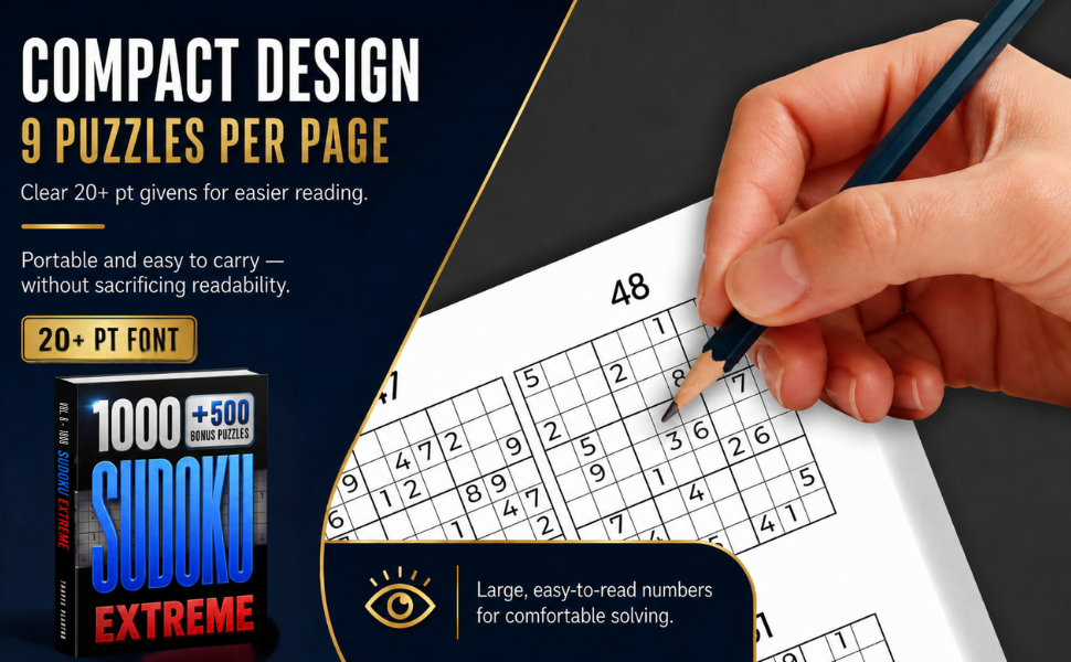 Interior preview of 1000 Sudoku Extreme showing a compact 9-per-page Sudoku layout with 20-point numbers.