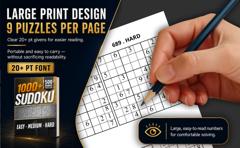 Interior preview of 1000 Sudoku Easy Medium Hard showing a compact 9-per-page Sudoku layout with readable clues.