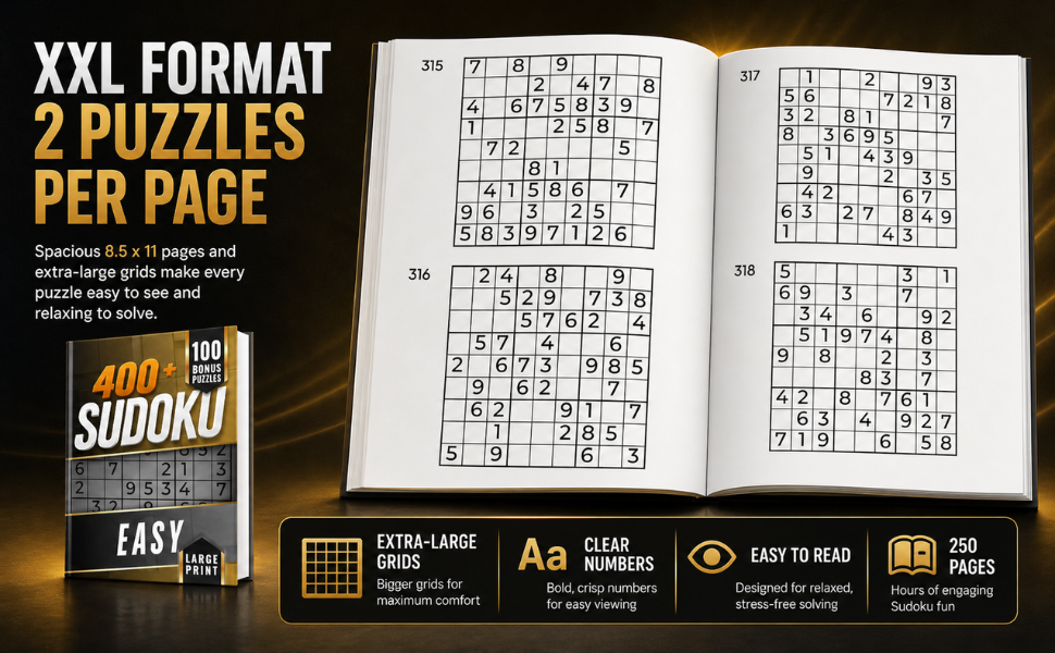 Interior preview of Sudoku Easy Large Print showing two puzzles per page in XXL format.