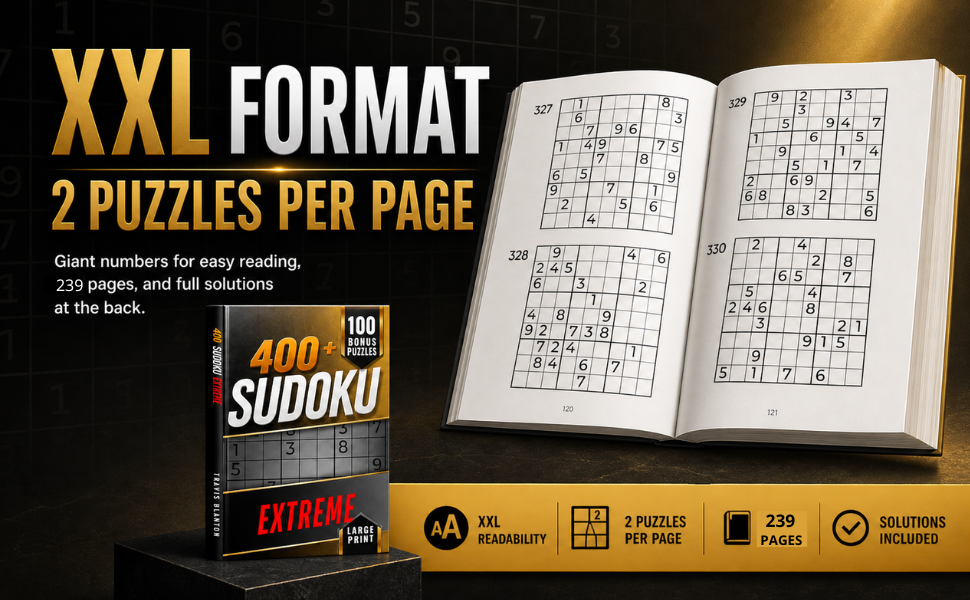 Interior preview of Sudoku Large Print Extreme showing two puzzles per page in XXL format.