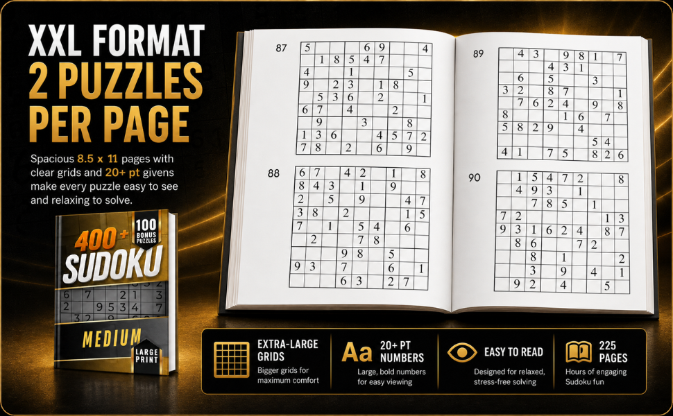 Interior preview of Medium Sudoku Large Print showing two puzzles per page in XXL format.