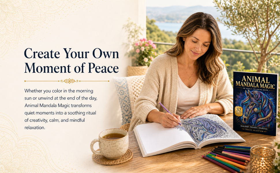 Woman coloring in Animal Mandala Magic adult coloring book for relaxation and creative mindfulness.