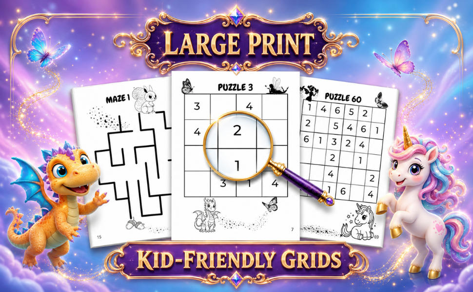 Kid-Friendly Sudoku Grids and Maze Puzzles The Magical Sudoku Activity Book interior preview with large print kid-friendly Sudoku grids and maze puzzles.