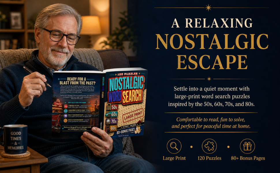 Features of the Nostalgic Word Search book, including large print puzzles, decades of fun, bonus pages, and relaxing entertainment.