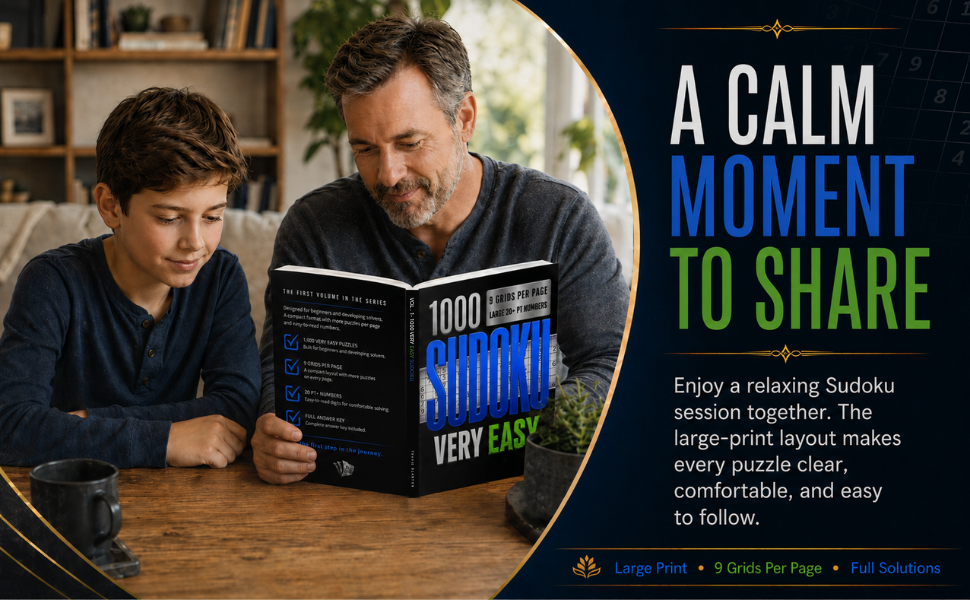 1000 Sudoku Very Easy book designed for relaxing Sudoku practice, calm focus, and screen-free family moments.