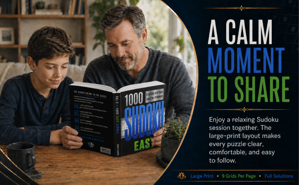 1000 Sudoku Easy book designed for relaxing Sudoku practice, calm focus, and screen-free family moments.