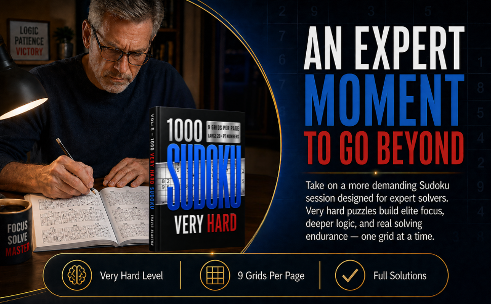 1000 Sudoku Very Hard book designed for expert Sudoku practice, advanced logic, and challenging brain training.
