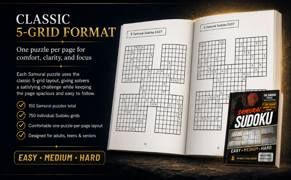 CLASSIC 5-GRID FORMAT, ONE PUZZLES PER PAGE FOR COMFORT, CLARITY, AND FOCUS