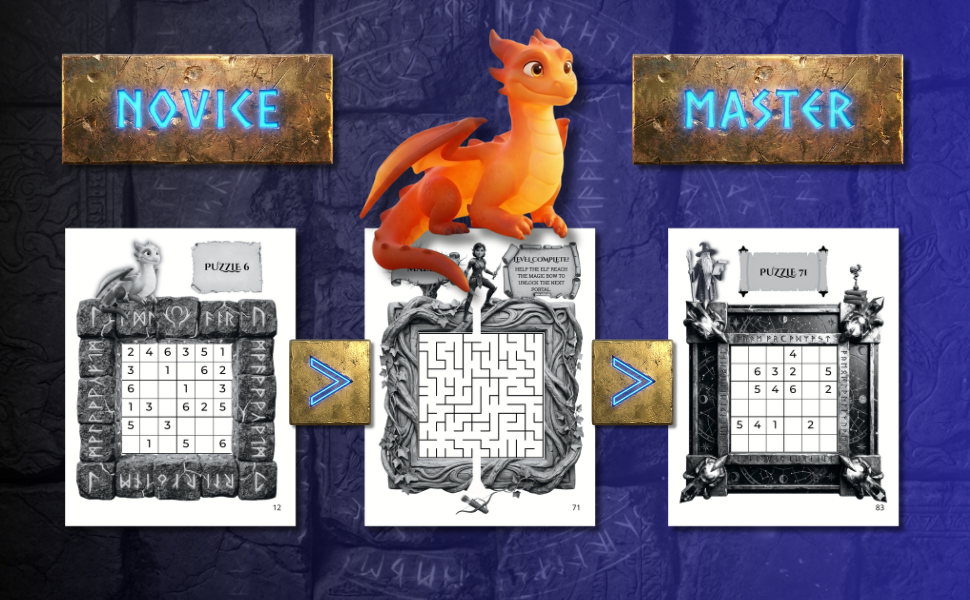 Sudoku Quest activity pages showing beginner to advanced Sudoku puzzle levels for kids.