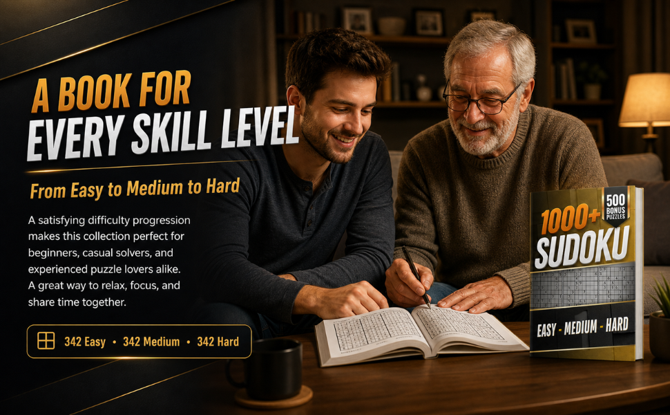 1000 Sudoku Easy Medium Hard book designed for beginners, regular solvers, adults, and seniors.