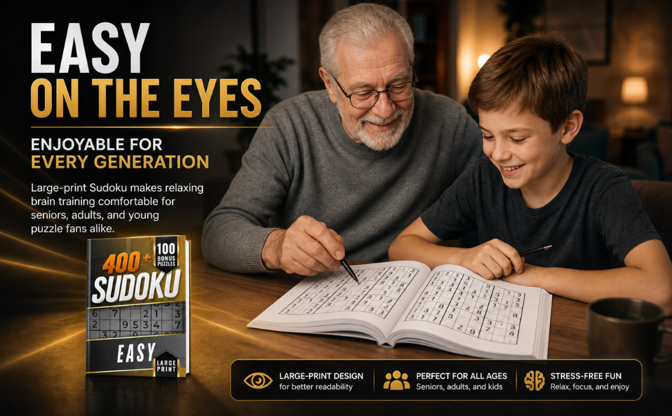Sudoku Easy Large Print book designed for comfortable solving by adults, seniors, and beginners.