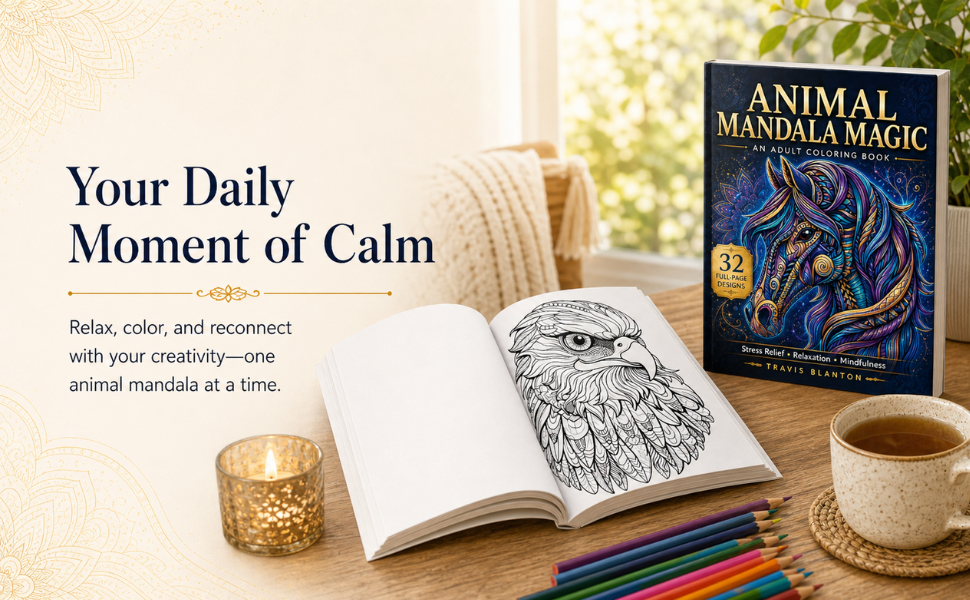 Animal Mandala Magic coloring book with pencils, coffee, and an open animal mandala page for a relaxing creative moment.