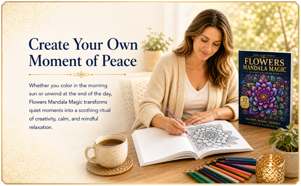 Woman coloring in Flowers Mandala Magic adult coloring book for relaxation and creative mindfulness.