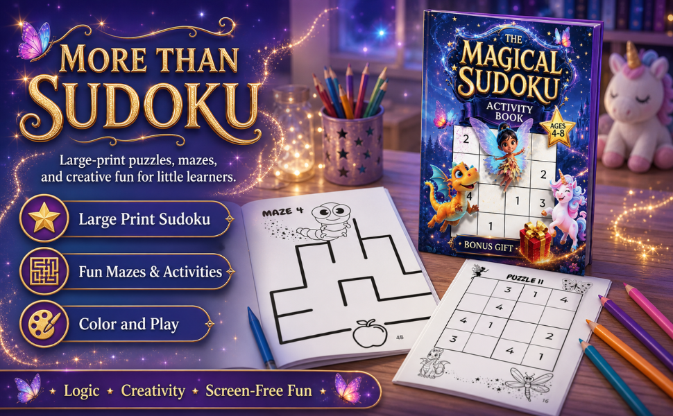 More Than Sudoku Activity Book The Magical Sudoku Activity Book features Sudoku puzzles, mazes, coloring pages, and creative activities for kids.