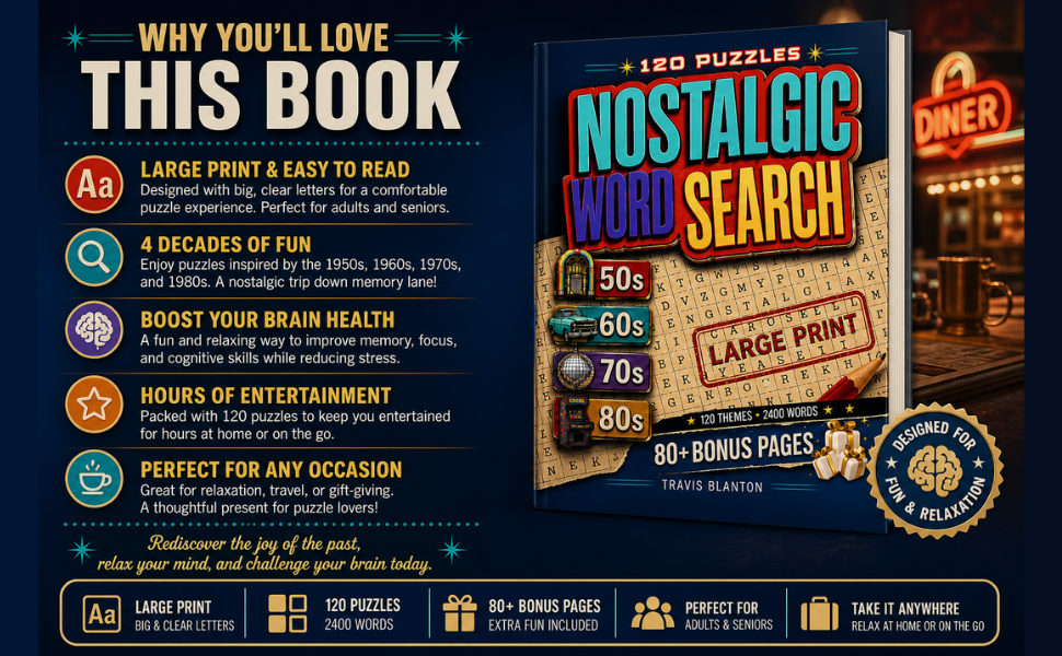 Features of the Nostalgic Word Search book, including large print puzzles, decades of fun, bonus pages, and relaxing entertainment.