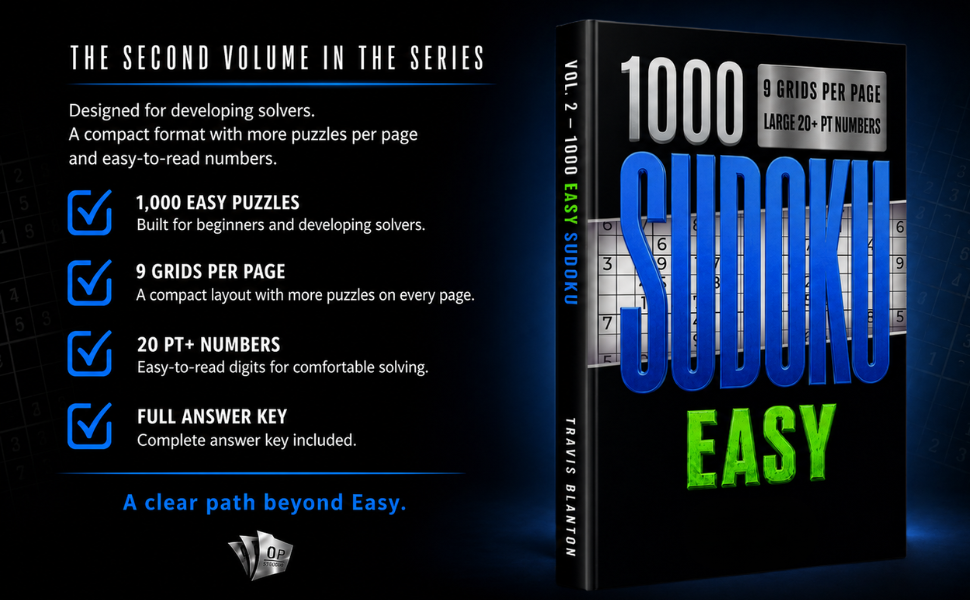 1000 Sudoku Easy book designed for relaxing Sudoku practice, calm focus, and screen-free family moments.
