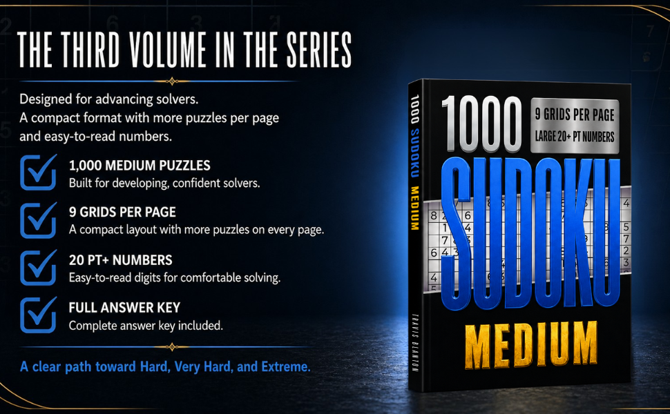 Features of the 1000 Sudoku Medium book, including 1,000 medium puzzles, 9 grids per page, 20-point numbers, and full solutions.