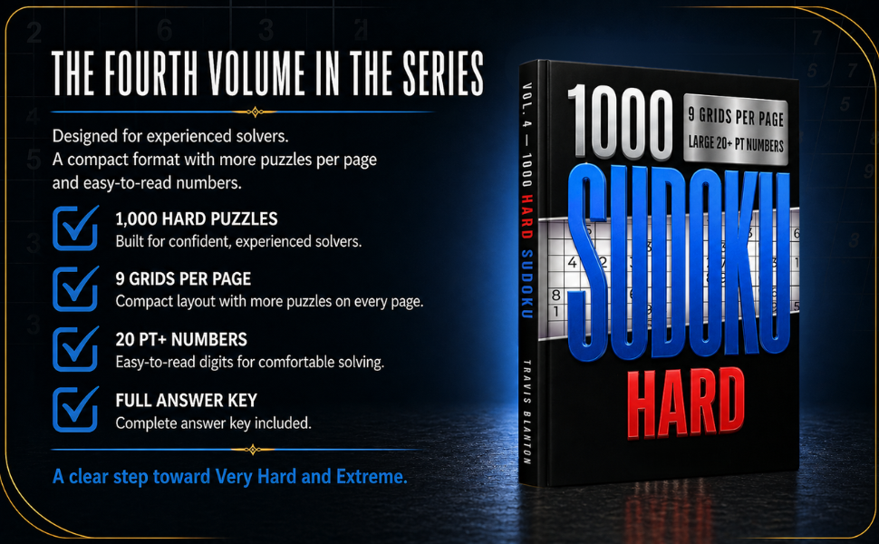 1000 Sudoku Hard Features Features of the 1000 Sudoku Hard book, including 1,000 hard puzzles, 9 grids per page, 20-point numbers, and full solutions.