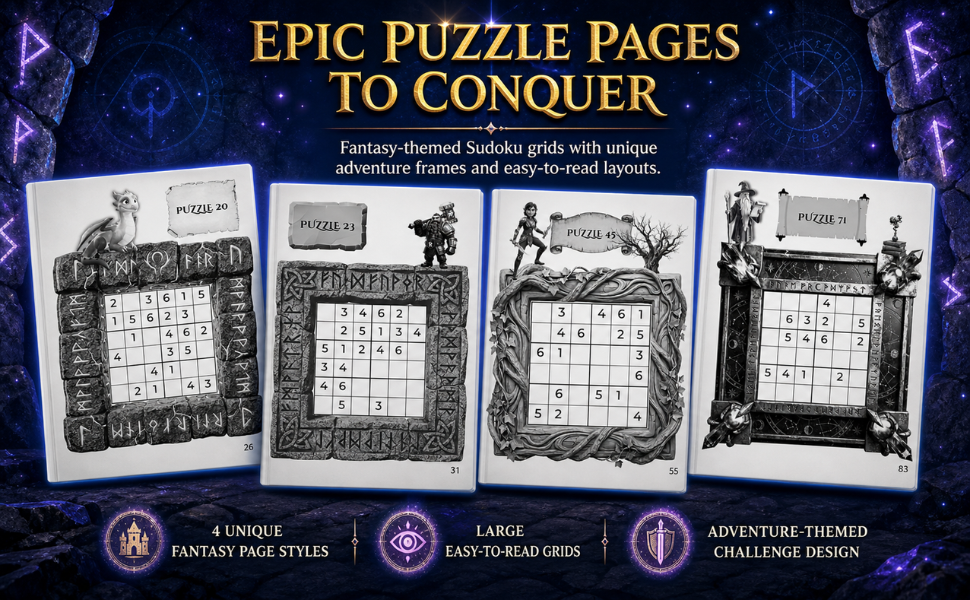 Sudoku Quest puzzle pages with fantasy-themed Sudoku grids and adventure designs for kids.