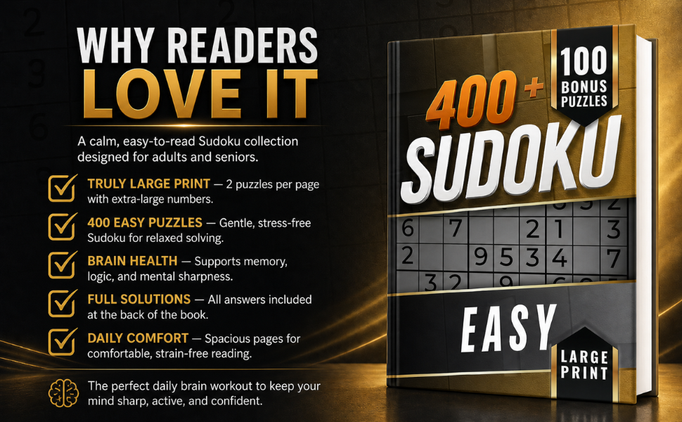 Features of the 400 Sudoku Easy Large Print book, including gentle puzzles, large format, and full solutions.