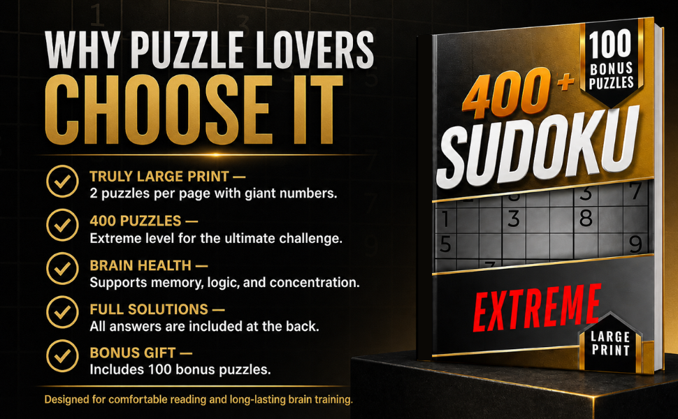 Features of the Sudoku Large Print Extreme book, including large print grids, extreme puzzles, bonus puzzles, and full solutions.