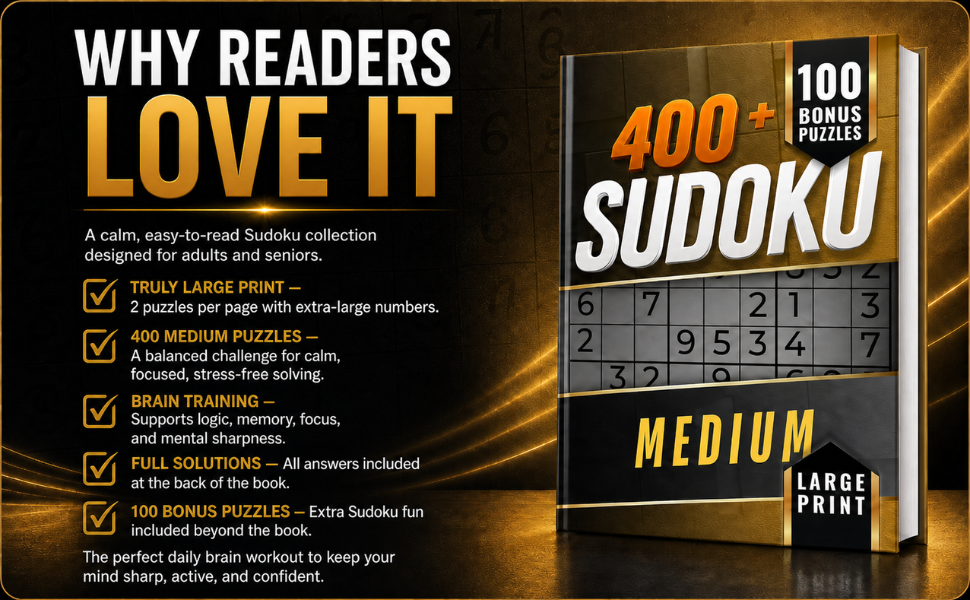 Features of the Medium Sudoku Large Print book, including medium puzzles, large format, bonus puzzles, and full solutions.