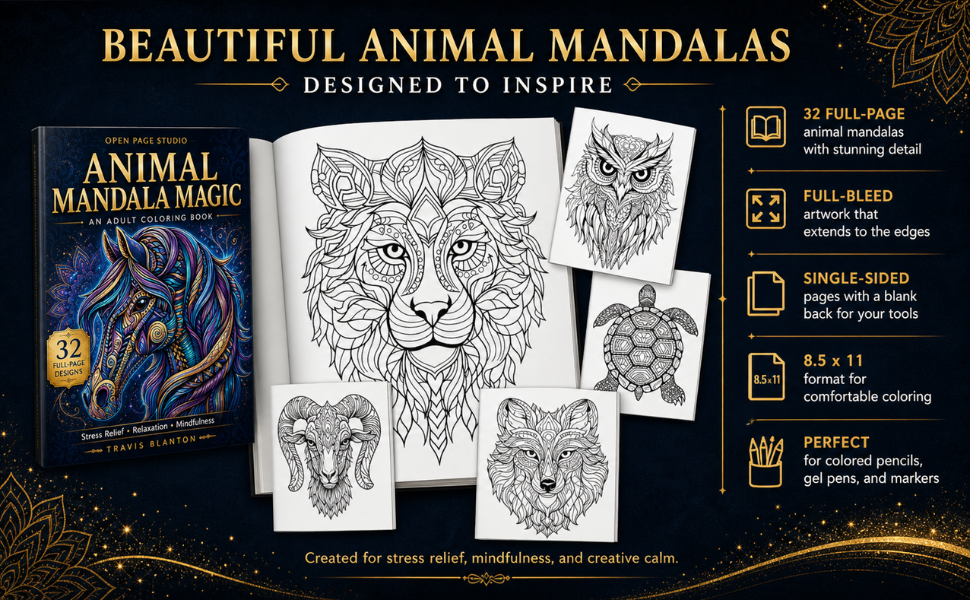 Interior preview of Animal Mandala Magic showing detailed animal mandala artwork for adult coloring.