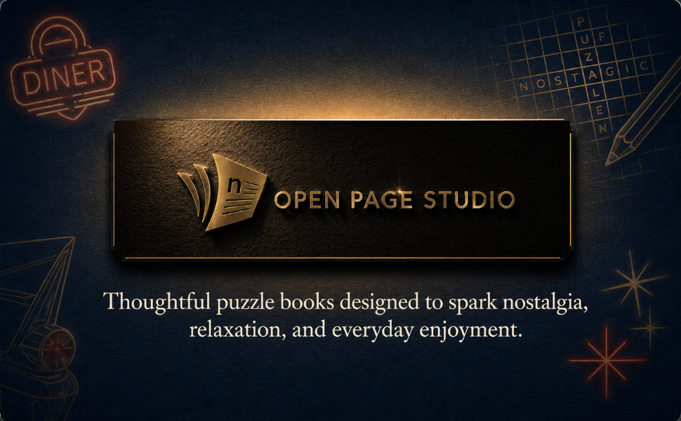 Open Page Studio banner for the Nostalgic Word Search book, highlighting puzzle books designed for nostalgia, relaxation, and everyday enjoyment.