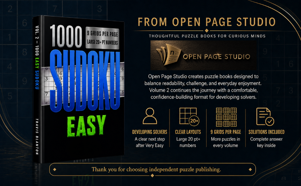 Open Page Studio banner for the 1000 Sudoku Easy book, highlighting clear design, large numbers, compact layout, and complete solutions.