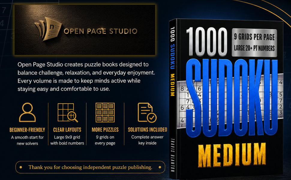 Open Page Studio banner for the 1000 Sudoku Medium book, highlighting clear design, large numbers, compact layout, and complete solutions.
