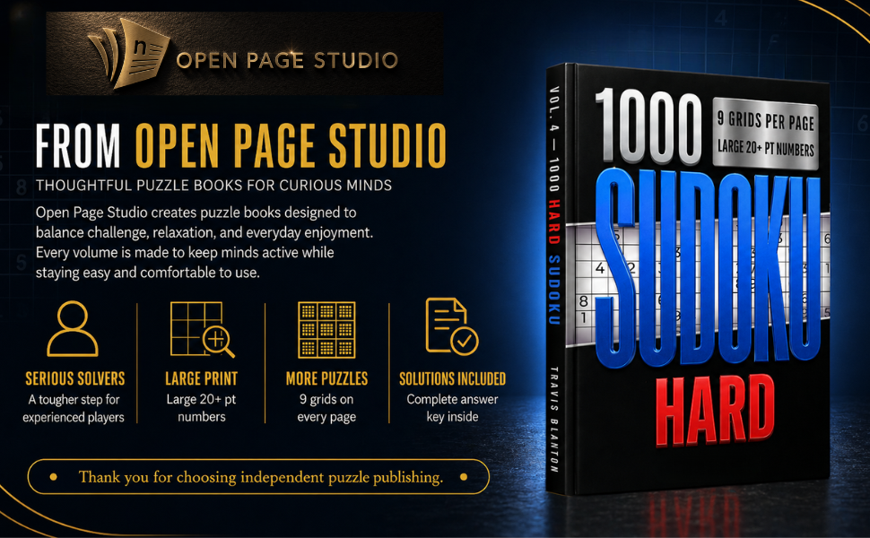 Open Page Studio 1000 Sudoku Hard Banner Open Page Studio banner for the 1000 Sudoku Hard book, highlighting clear design, large numbers, compact layout, and complete solutions.