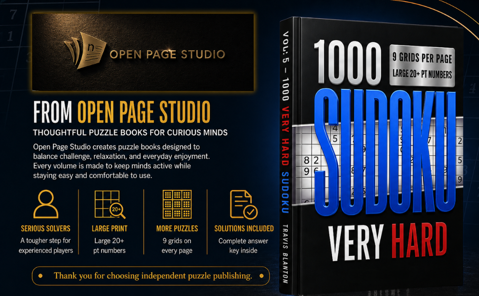 Open Page Studio banner for the 1000 Sudoku Very Hard book, highlighting clear design, large numbers, compact layout, and complete solutions.